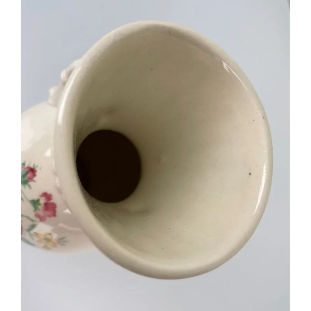 Vintage Royal Copley Beige Rose Floral Handled Vase, Mid-Century Pottery Ceramic